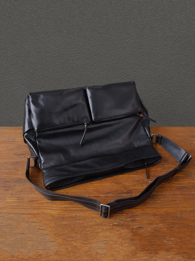 Retro Designer Men New Black Cowskin Genuine Leather Travel Bag Big Capacity Casual Tote Handbag Single Shoulder Crossbody Bag