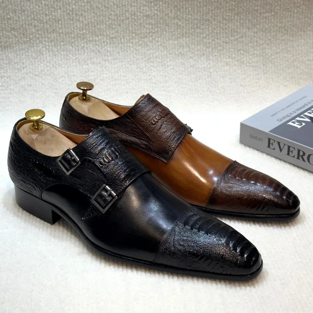 Men's Handmade Brown Monk Shoes Double Buckle Genuine Cow Leather Luxury Wedding Business Formal Basic Men's Footwear