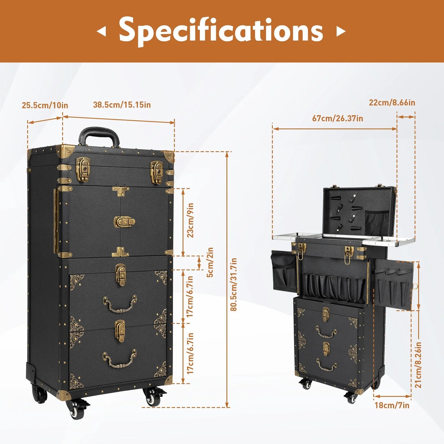 3 Tiers Locking Rolling Beauty Salon Toolbox, Makeup Case Trolley Luggage w/ Hairdryer Stand,Beauty Salon Storage Toolbox