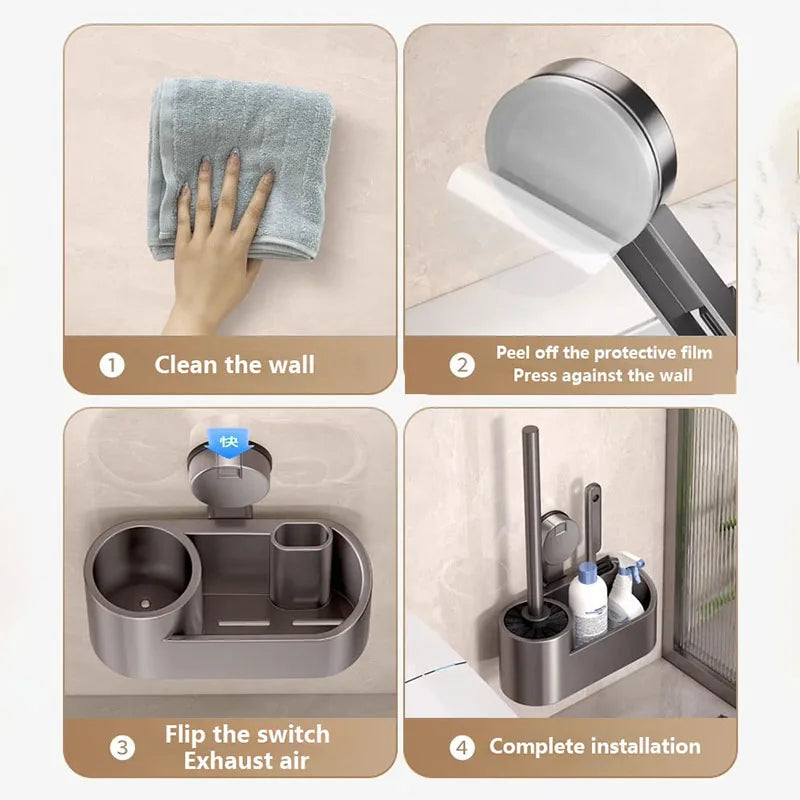 Bathroom Toilet Brush Holder Cleaning Tools Space Aluminum Wall Mounted Sucker Vertical Toilet Brush Bathroom Accessories