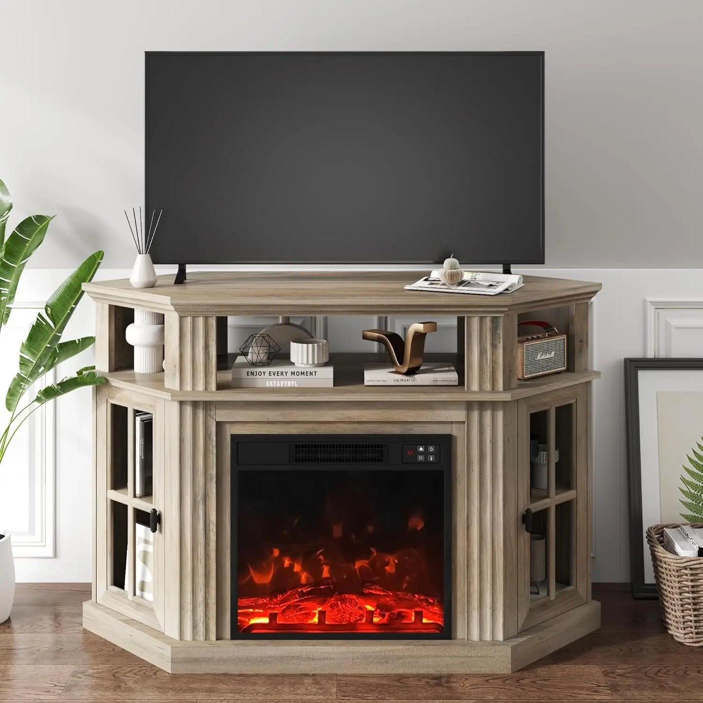 Corner Fireplace TV Stand for Television up to 55" with Storage Cabinets, Entertainment Center, Media Console for Living