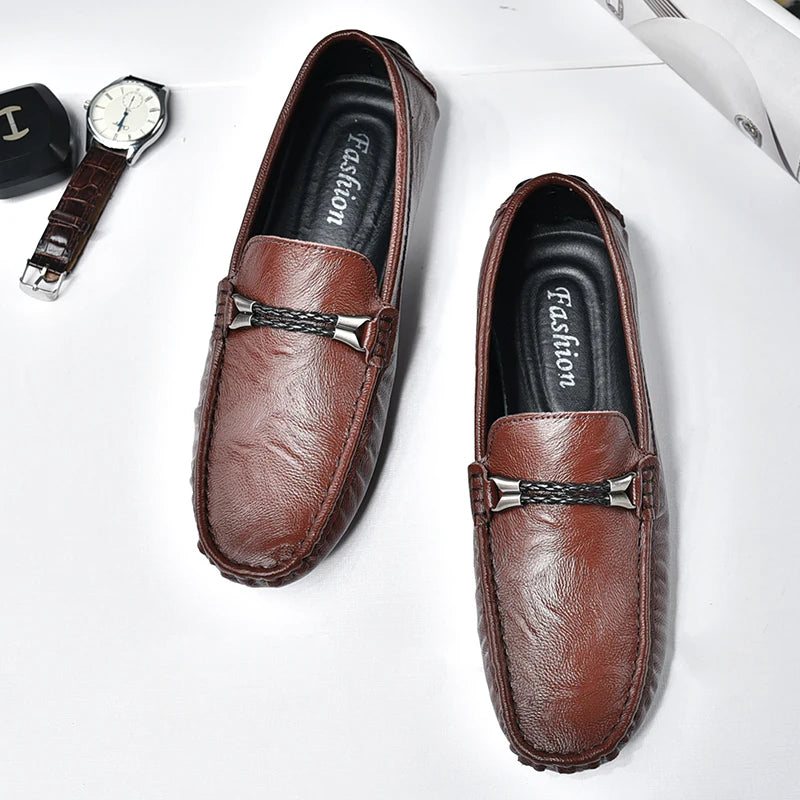 Genuine Leather Mens Loafers Fashion Slip on Soft Flats Simple Moccasin Comfy Handmade Man Driving Footwear Non-Slip Boat Shoes