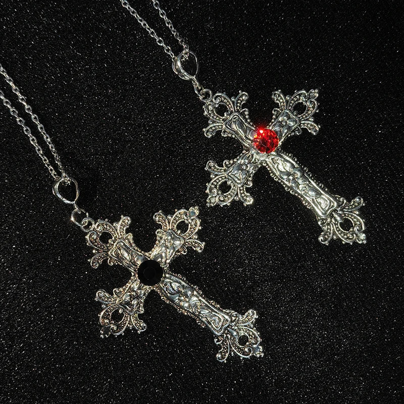 Gothic Big Zircon Cross Necklace Unisex Y2K Irregular Goth Large Cross Pendant Necklaces for Men Women Couple Necklace Jewelry