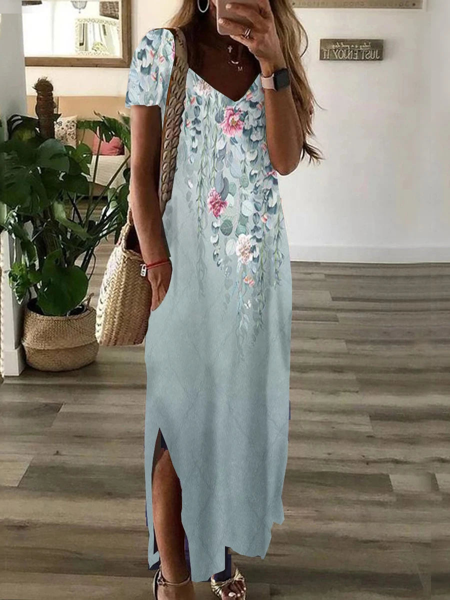 Women's Clothing Short Sleeved Dress V Neck Lower Fork Swing
