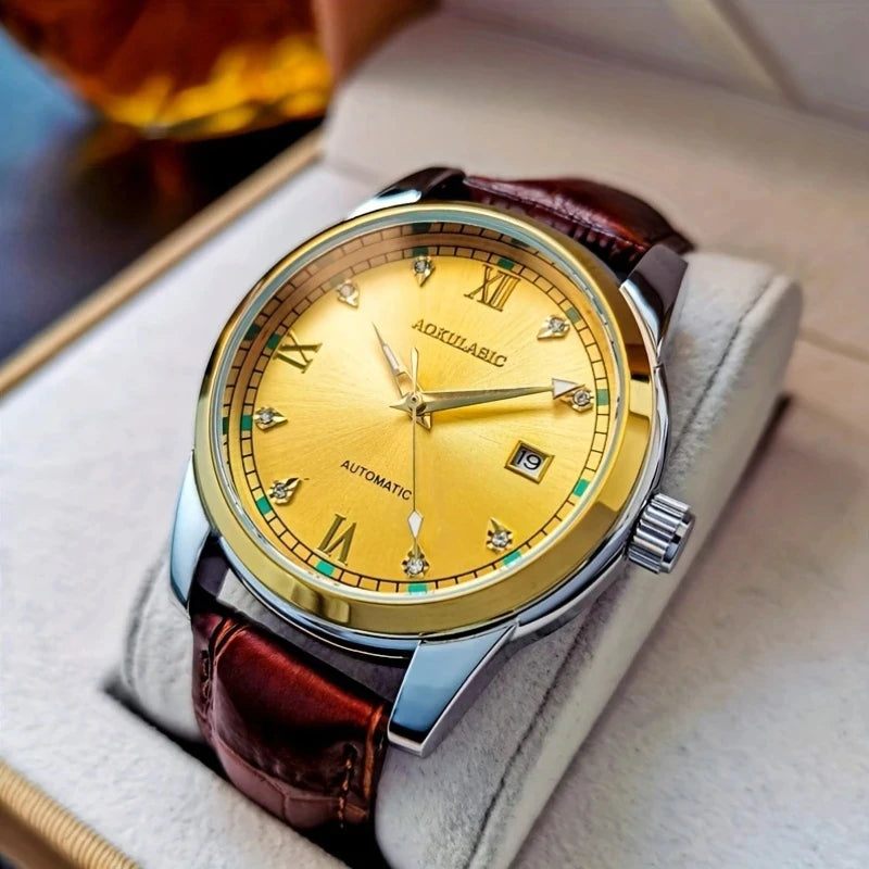 Men's Casual Mechanical Watch with Date Display - Alloy Case, Hollow Design, Leather Strap, Automatic Winding, Suitable for Business and Daily Wear, Daily Watch Casual Style Watch, No Battery, Gift for His Best