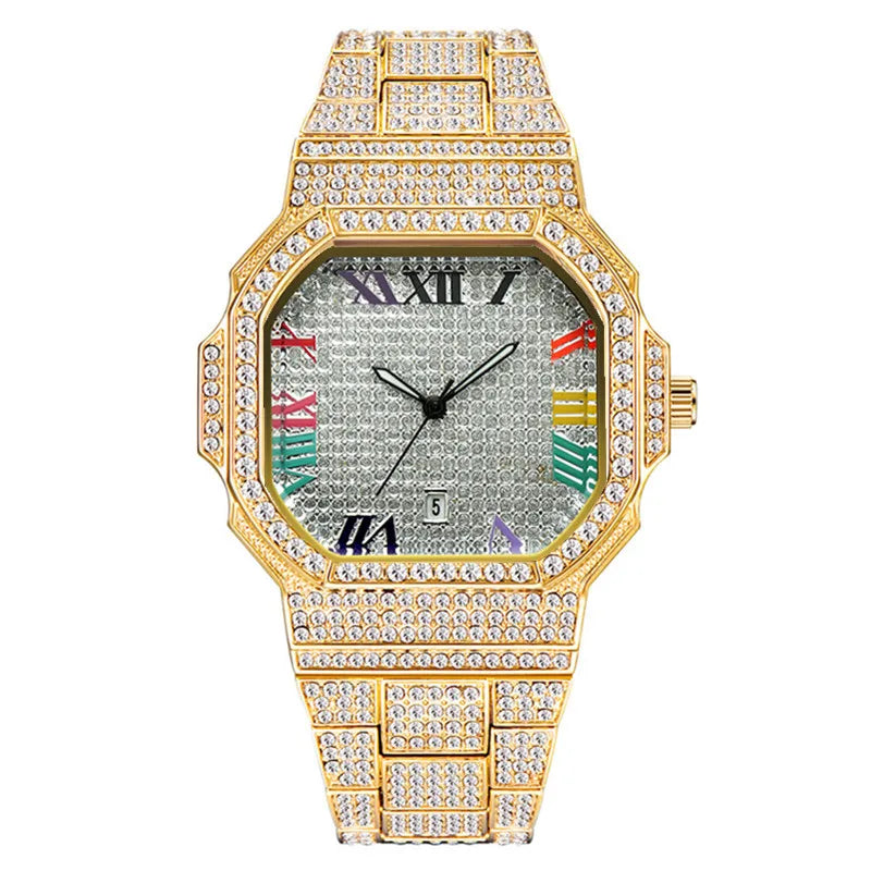 Original Big Brand Watches For Men Fashion Casual Alloy Band Hip Hop Diamond Luxury Golden Date Quartz Watch Relogio Masculino