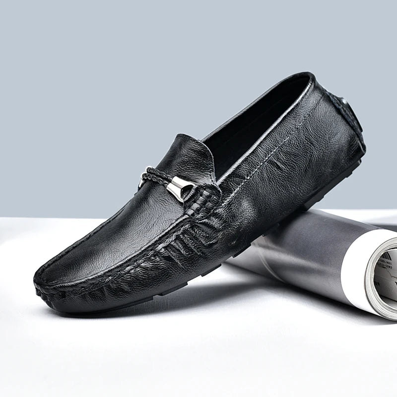 Genuine Leather Mens Loafers Fashion Slip on Soft Flats Simple Moccasin Comfy Handmade Man Driving Footwear Non-Slip Boat Shoes