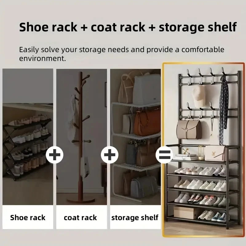 Entryway Coat Rack, Shoe Rack for Entryway, Coat Rack Freestanding with 4-Tier Storage Shelves and 8 Double Hooks, for Living Ro
