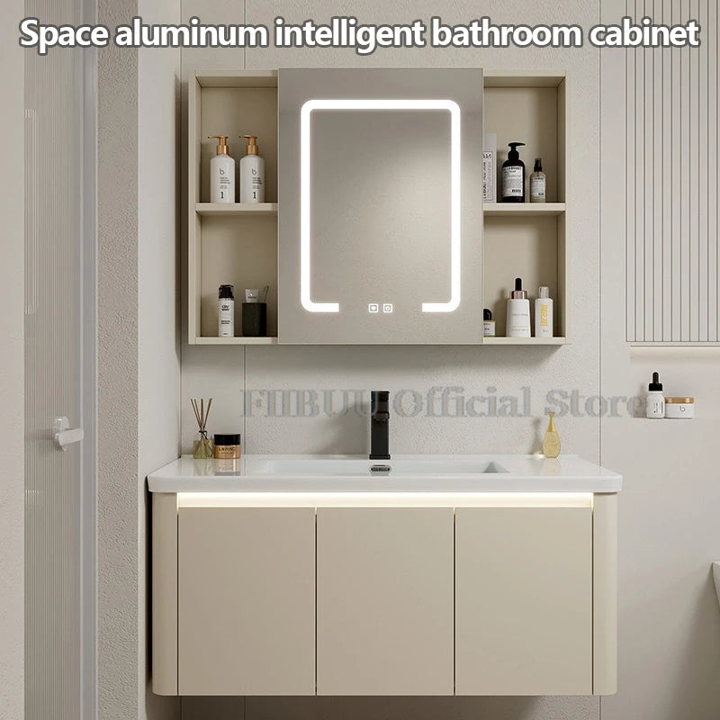 Bathroom Cabinet with Rounded Corners Ceramic Washbasin Wall-mounted Bathroom Dressing Storage Cabinet with Mirror and Faucet