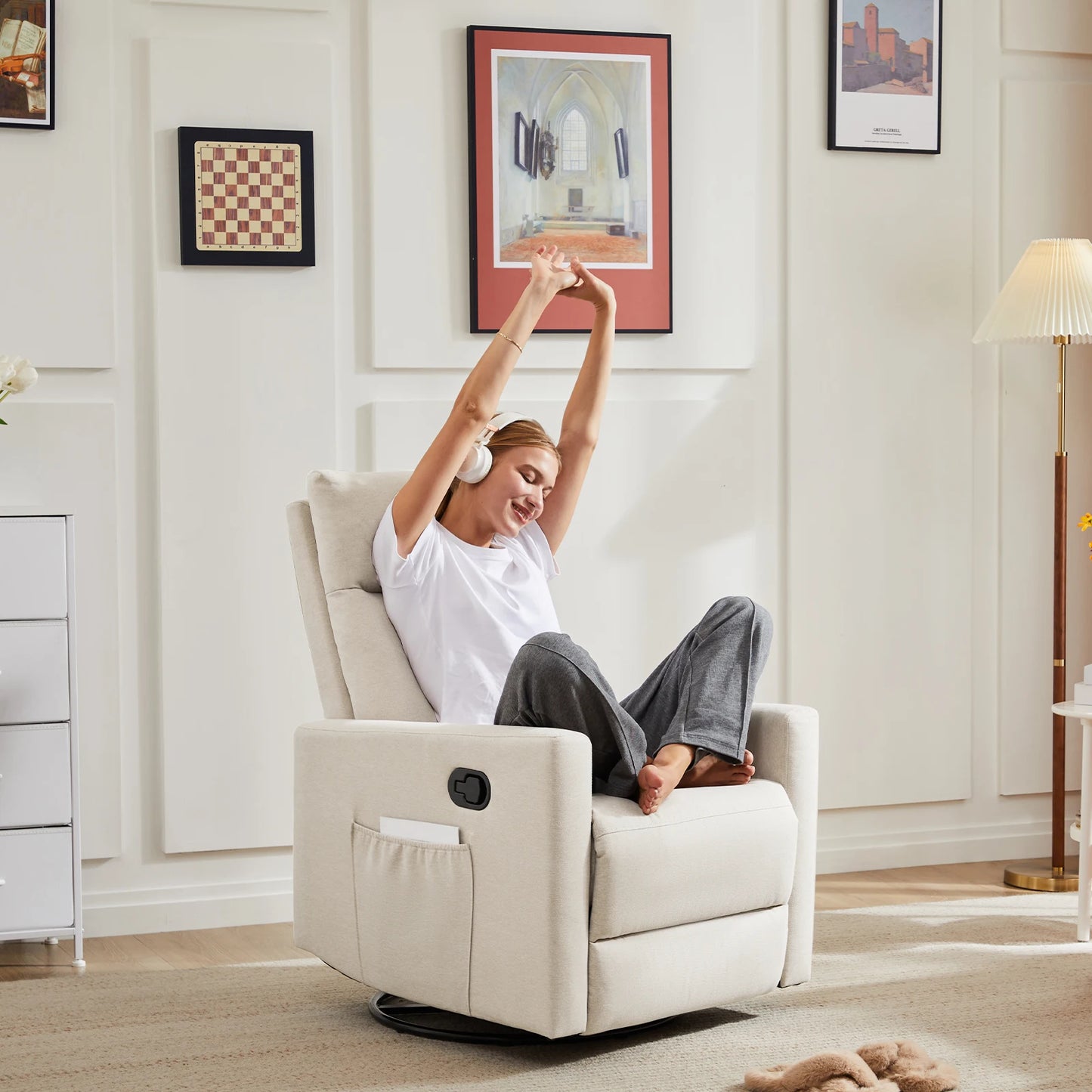 JHK Swivel Rocking Living Room Sofa Manual Upholstered Seating Recliner Angle Adjustable with Extra Large Footrest for Bedroom