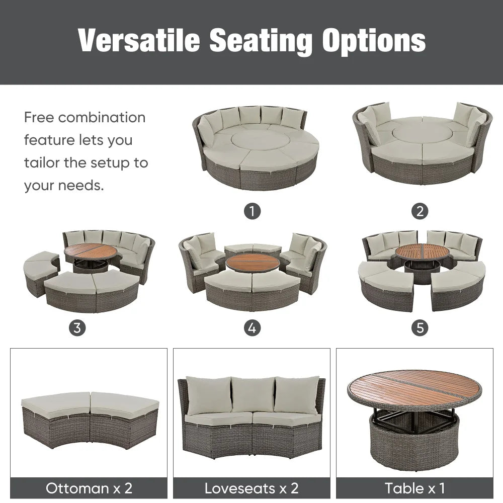 5-PCS Round Rattan Sectional Sofa Set All-Weather PE Sunbed Daybed with Round Liftable Table for Outdoor Backyard Poolside Gray