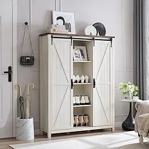 Shoe Cabinet with 2 Sliding Door, 6-Tier Adjustable Shelves, Farmhouse Shoe Organizer for Entryway, Living Room, 60" Tall Large