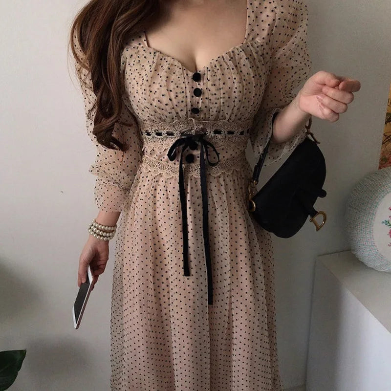 Women Clothing Vestidos Vintage Dress Elegant Square Neck High Waisted Lace Organza Polka Dot Dresses Chic Summer 2025 Slim