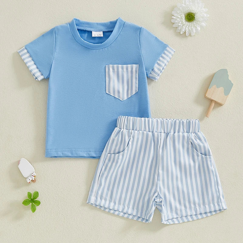 2024-11-30 Lioraitiin Toddler Baby Boy Shorts Set O-Neck Short Sleeve T-shirt Striped Elastic Waist Shorts 2Pcs Summer Outfit