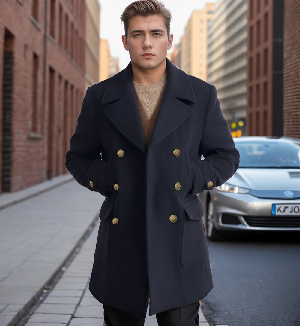 Cross border new British style men's mid to long length long sleeved coat for autumn and winter men's warm jacket
