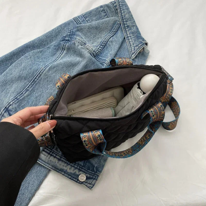 Women Wide Shoulder Belt Handbag Large Capacity All-Match Shopping Tote Bag Fall/Winter Rhombus Space Cotton Shoulder Bag