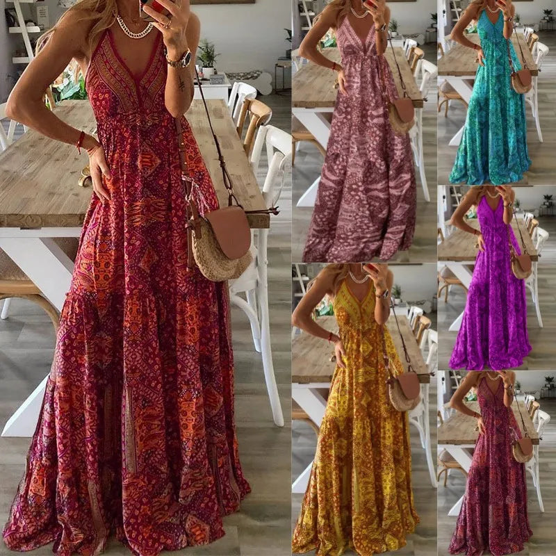 Bohemian Style Women's Clothing Long Dress New Suspender Long Dress High Waist V-neck Printed Floral Dress Women's Clothing