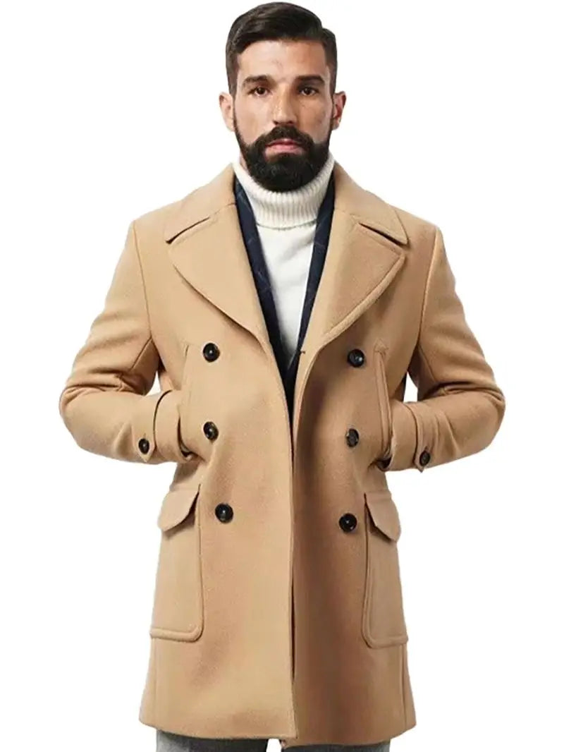 Cross border new British style men's mid to long length long sleeved coat for autumn and winter men's warm jacket