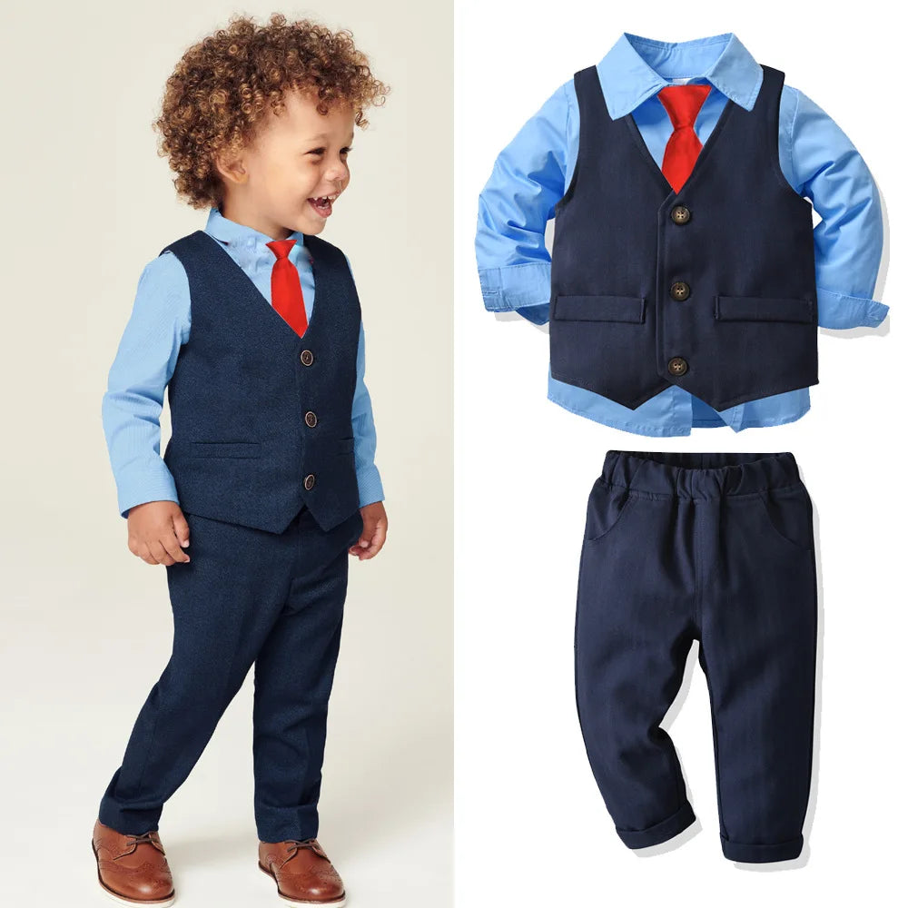 Baby boy's clothing spring and autumn gentleman's birthday suit newborn party dress soft cotton vest + shirt + pants baby 4-piec