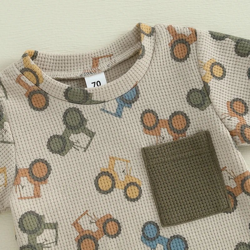 Lioraitiin Toddler Baby Boy Summer Outfit Waffle Tractor Print Short Sleeve T-shirts Solid Elastic Waist Shorts Summer Set