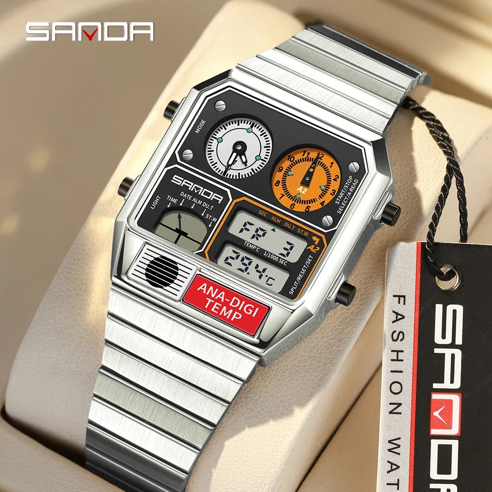 SANDA 3192 Youth Casual Multi-function Thermometer Stopwatch Chronograph Men’s Watch Hot-selling LED Electronic Square Men's
