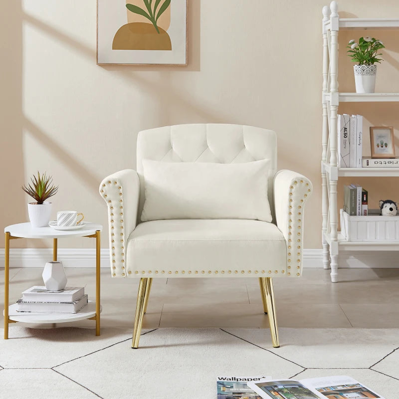 Velvet armchair withwith velvet and 4 gold metal legs,with tufted back and seat,for living room