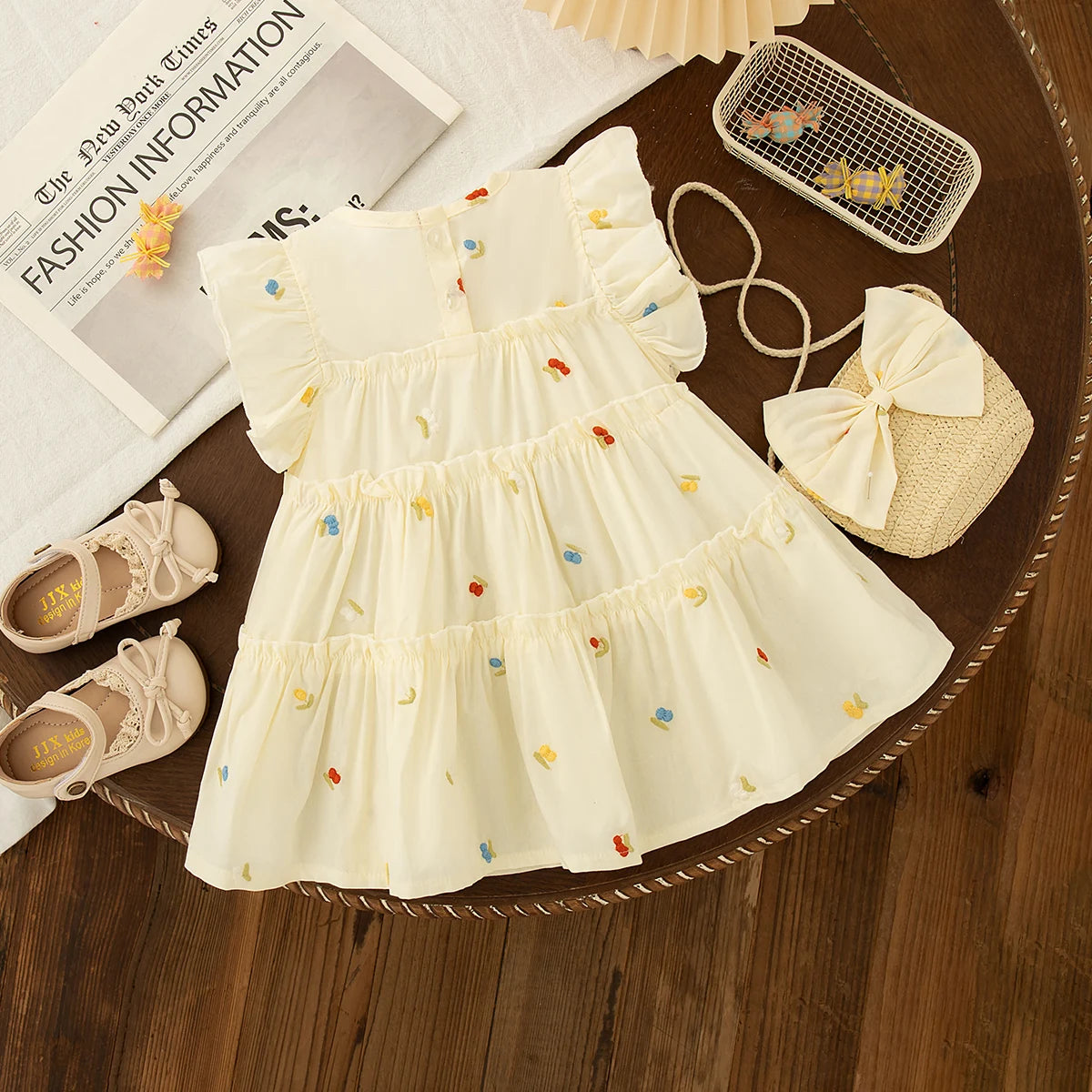 Baby Girl Clothes Summer New Floral Pattern Solid Color Round Neck Simple Girl Kid's Dress Cute Casual Baby Dresses With Bag
