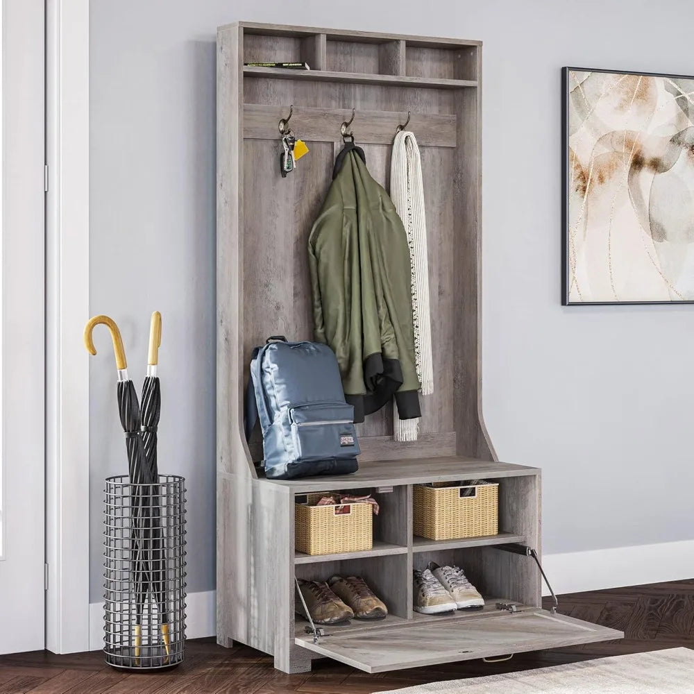 Entryway Hall Tree, Coat Rack, Storage Bench, 3-in-1 Design, Freestanding Shoe Rack - Hilo (Gray Wash)