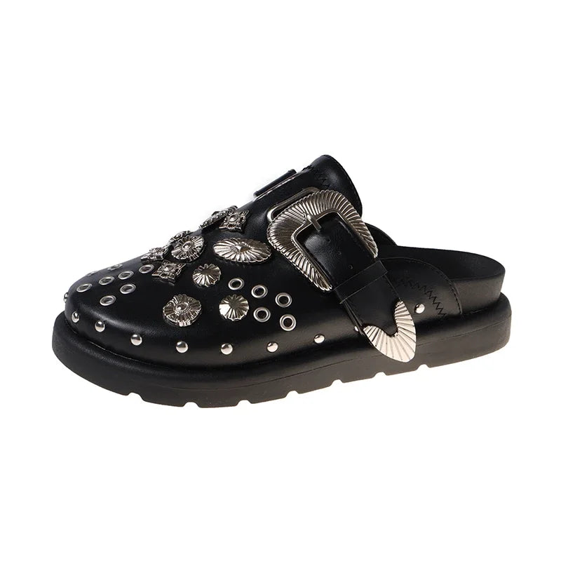 Summer Women Slippers Platform Rivets Punk Rock Leather Mules Creative Metal Fittings Casual Party Shoes Female Outdoor Slides
