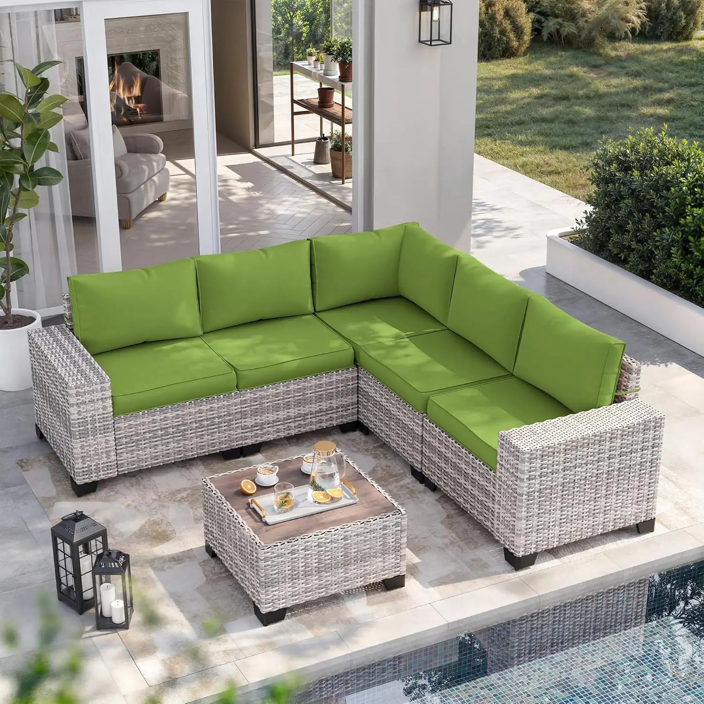 6-Piece Outdoor Patio Furniture Set Wicker Sectional Sofa Set, Patio Conversation Set with Thickened Cushions & Coffee Table