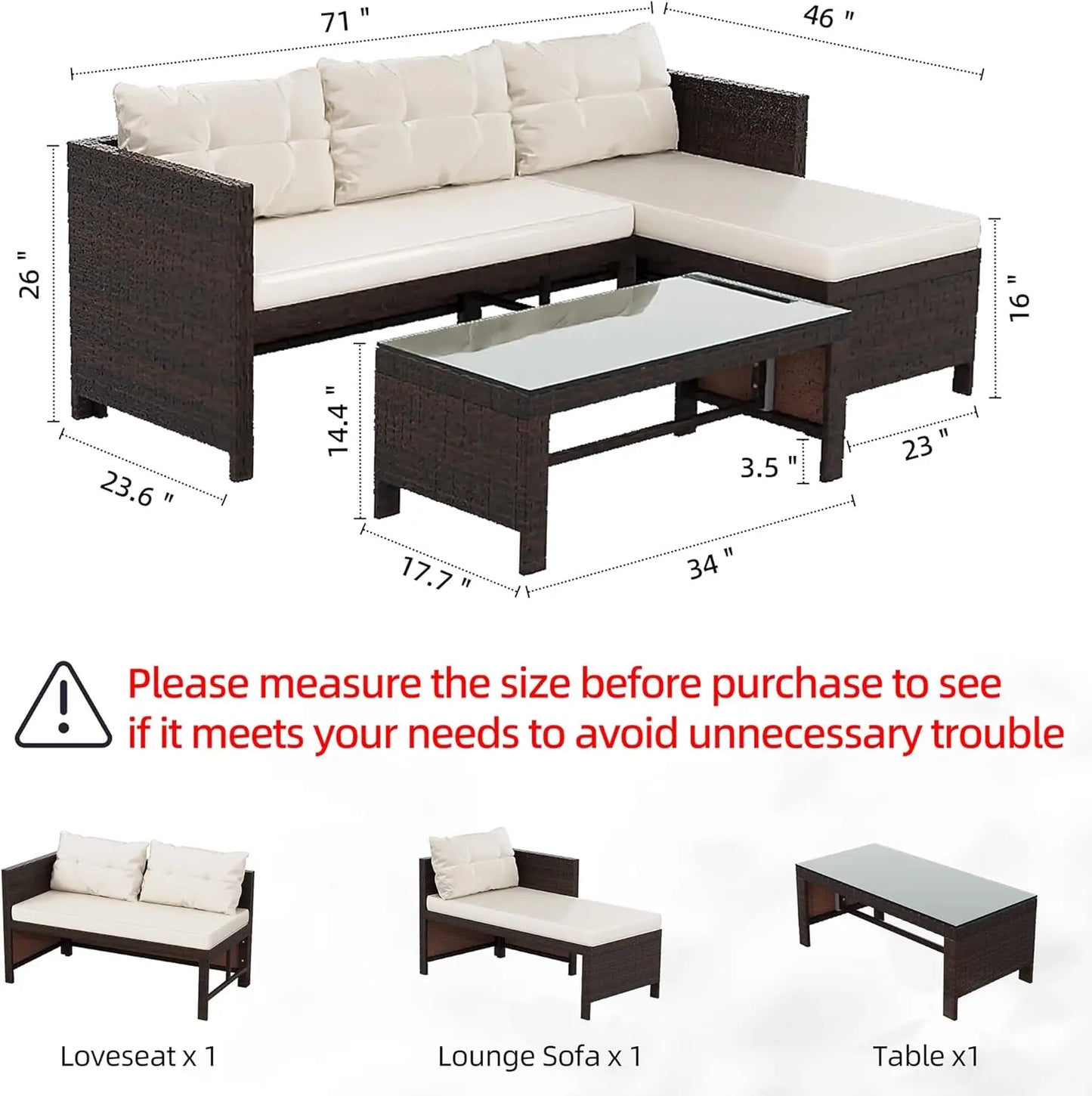 Shintenchi Outdoor Patio Furniture Sets, Wicker Patio sectional Sets 3-Piece, All Weather Wicker Rattan Patio Seating Sofas with