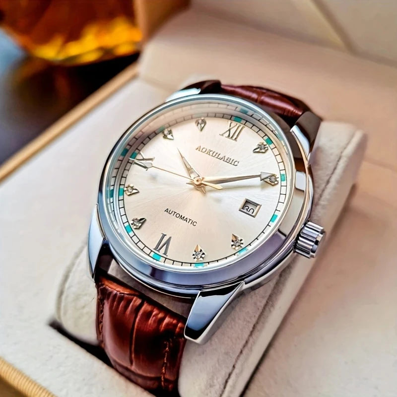 Men's Casual Mechanical Watch with Date Display - Alloy Case, Hollow Design, Leather Strap, Automatic Winding, Suitable for Business and Daily Wear, Daily Watch Casual Style Watch, No Battery, Gift for His Best