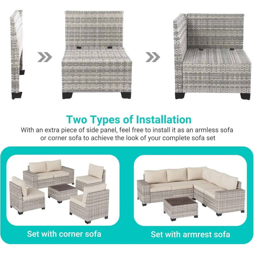 6-Piece Outdoor Patio Furniture Set Wicker Sectional Sofa Set, Patio Conversation Set with Thickened Cushions & Coffee Table