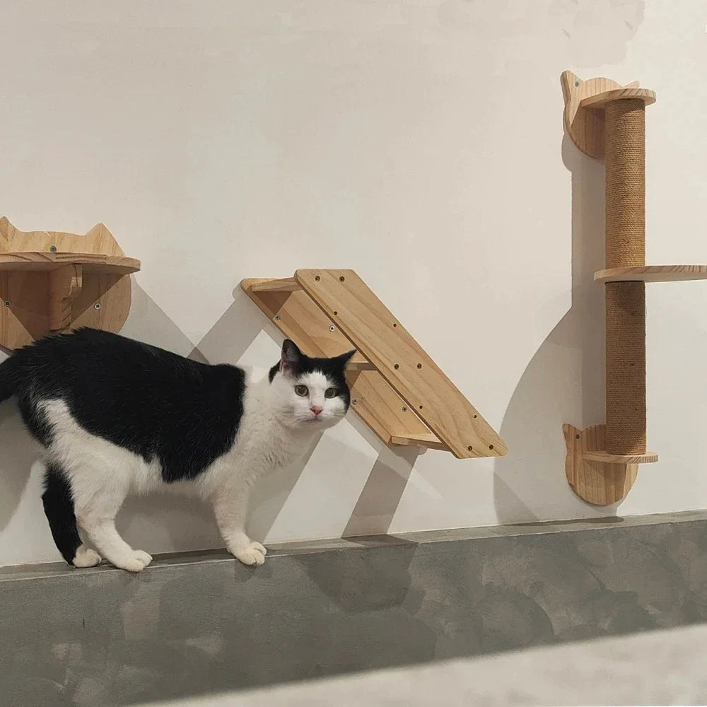 Wooden Cat Tree Tower Wall Mounted Cat Climbing Shelves Hammock Stairs House Cats Walk Playground Pet Furniture Accessories