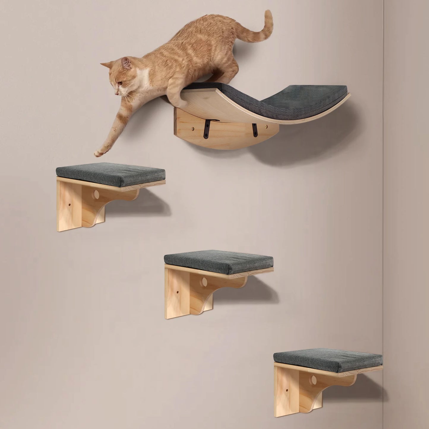 Wall Mounted Cat Climbing Shelves Wooden Cat Tree and Perches Scratcher Sisal Ladder Indoor Cats Hammock and House Pet Furniture