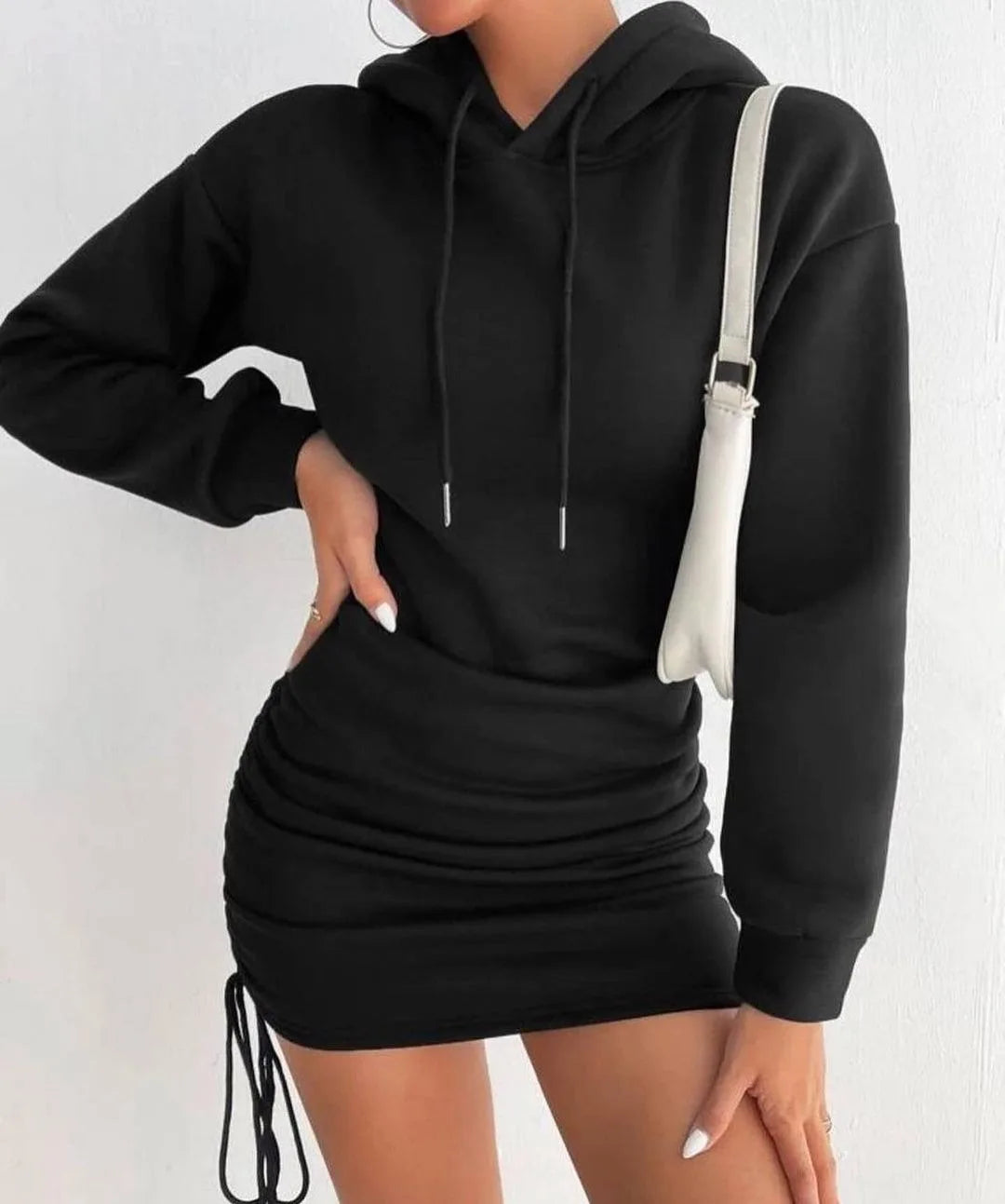 Drop Shoulder Drawstring Ruched Hoodie Dress For Spring & Summer Women's Clothing
