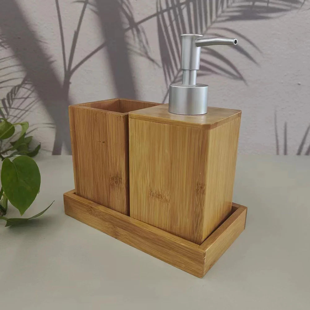 Bamboo Bathing Accessories Set Toothbrush Cup Hand Soap Dispenser Shampoo Container Storage Lotion Bottle Bathroom Necessities