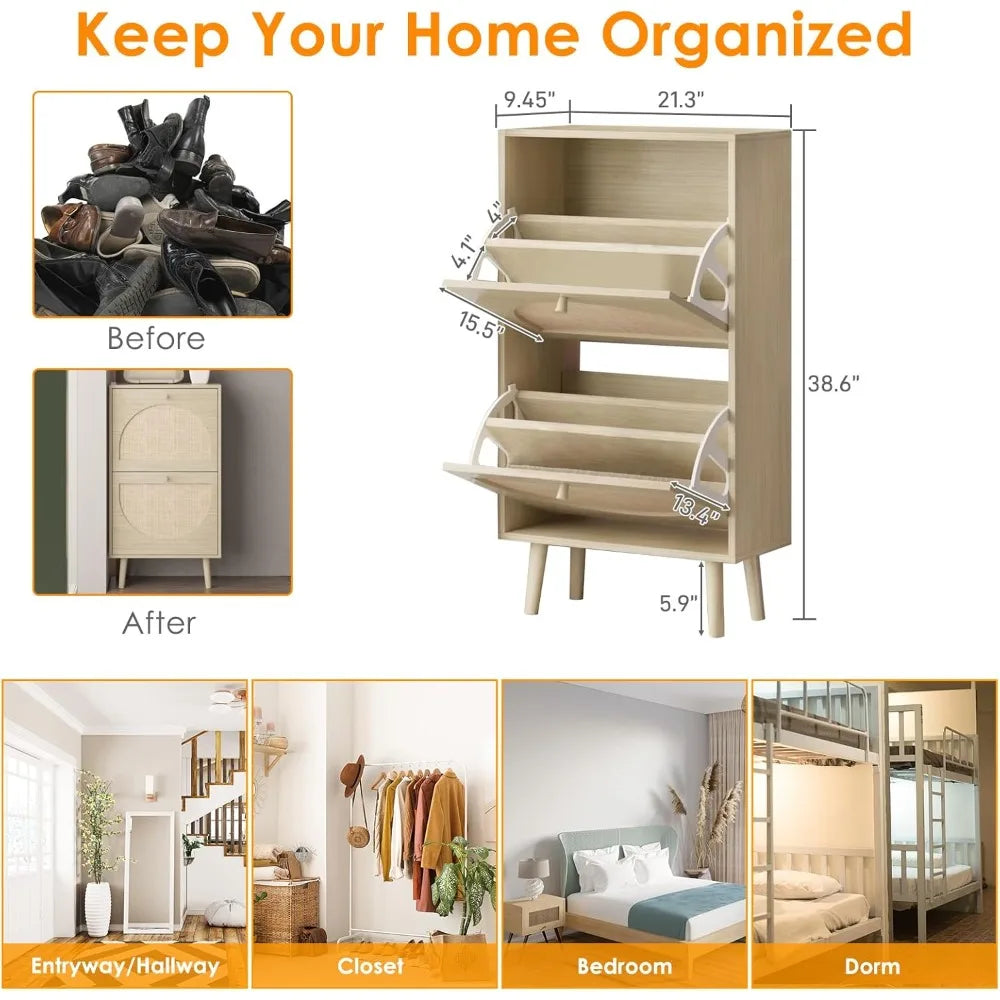 Shoe Cabinet with 2 Flip Drawers, 2 Tier Freestanding Organizer, Rattan Storage Cupboard for Entryway, Hallway, Living Room