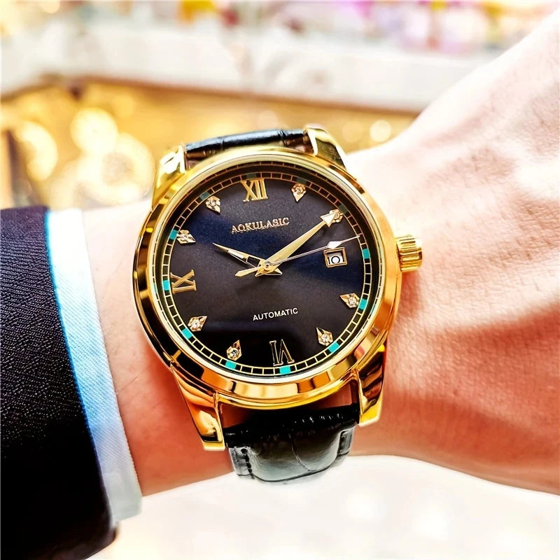 Men's Casual Mechanical Watch with Date Display - Alloy Case, Hollow Design, Leather Strap, Automatic Winding, Suitable for Business and Daily Wear, Daily Watch Casual Style Watch, No Battery, Gift for His Best