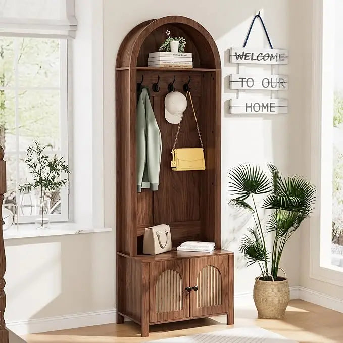 Hall Tree with Bench and Shoe Storage, Entryway Storage Bench with Coat Rack, Arch Coat Rack Fluted Doors, Farmhouse Style