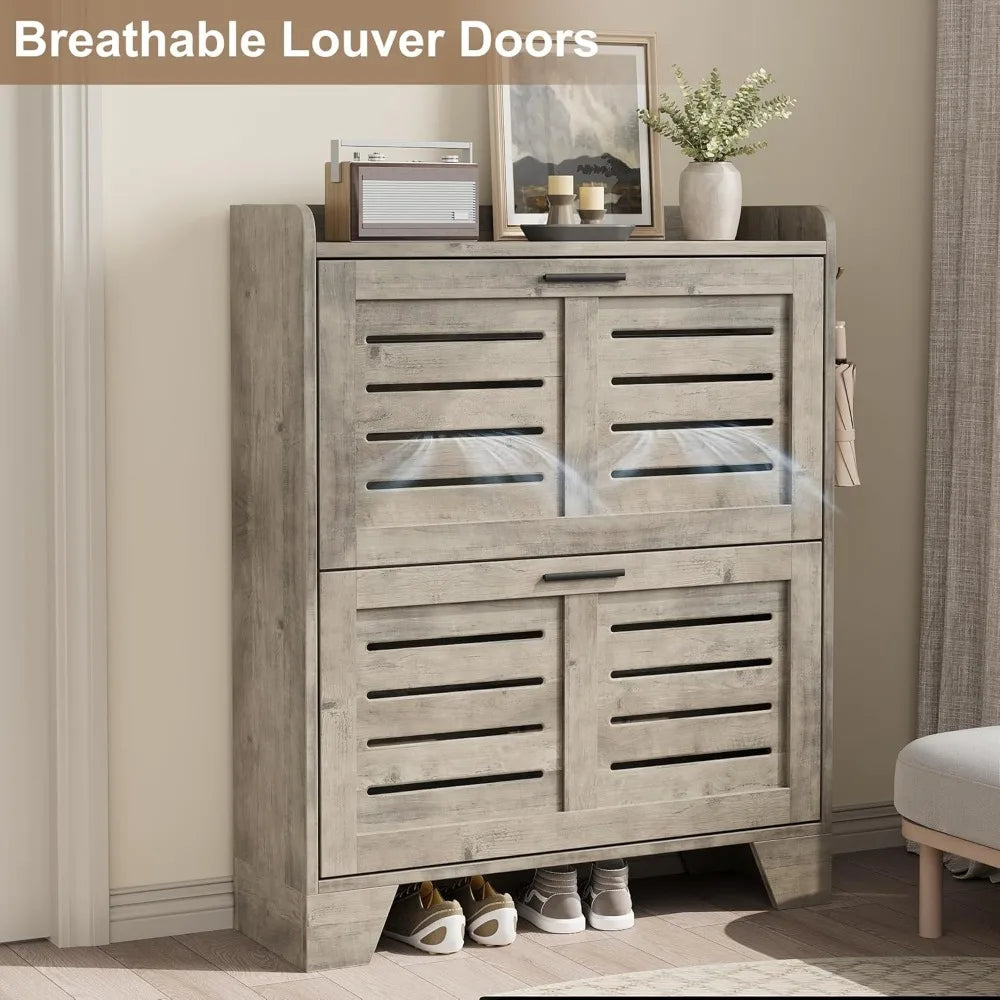 Shoe Cabinet Storage for Entryway, Narrow Shoe Cabinet with 2 Flip Drawers,Freestanding Hidden Slim Shoe Organizer Cabinet with