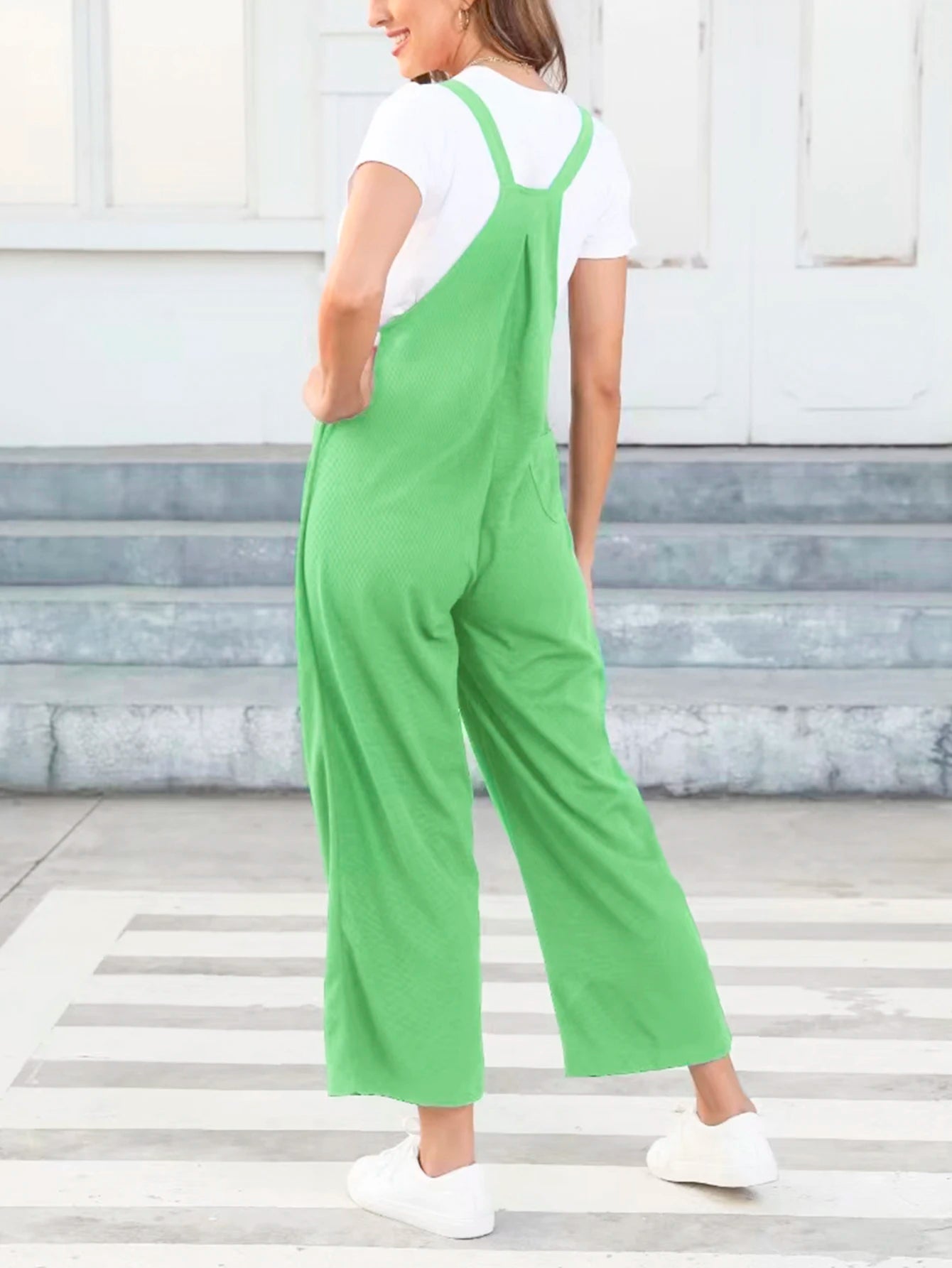 Women Romper 2024 Summer Waffle Grid Jumpsuit Sleeveless Bib Overall Light Green XL