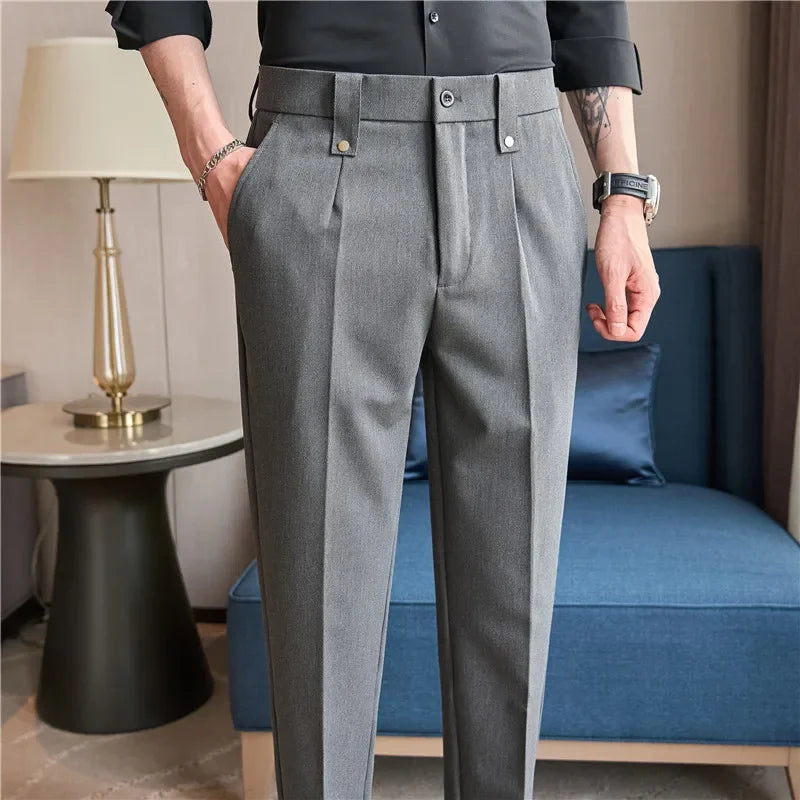 Mens Suit Pants 2025 Autumn New British Style Elastic Waist Solid Casual Formal Dress Pants Slim Fit Trousers for Men Clothing