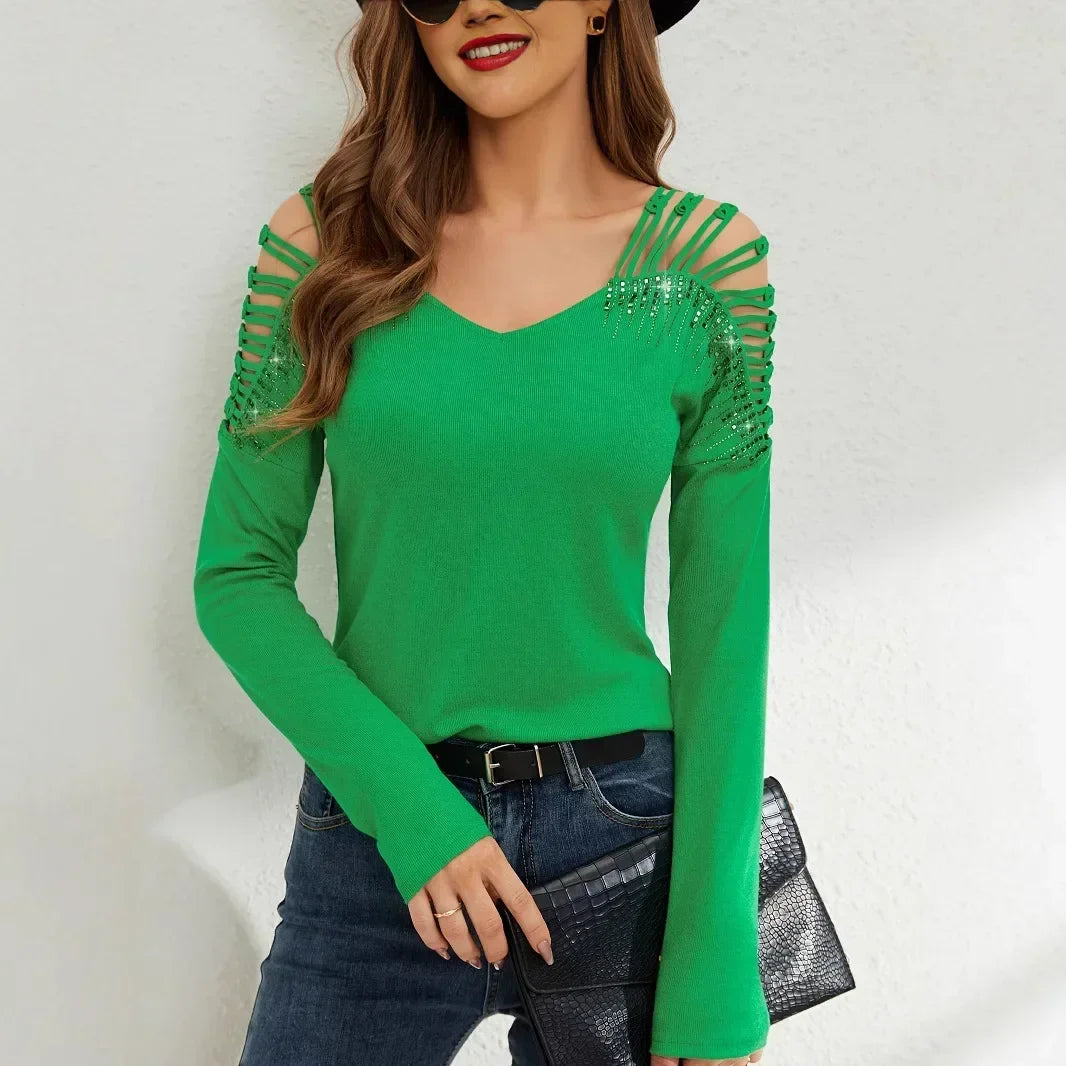 Lace splicing rhinestone V-neck long sleeved women's T-shirt sports women's round neck hollowed out shoulder long sleeved shirt