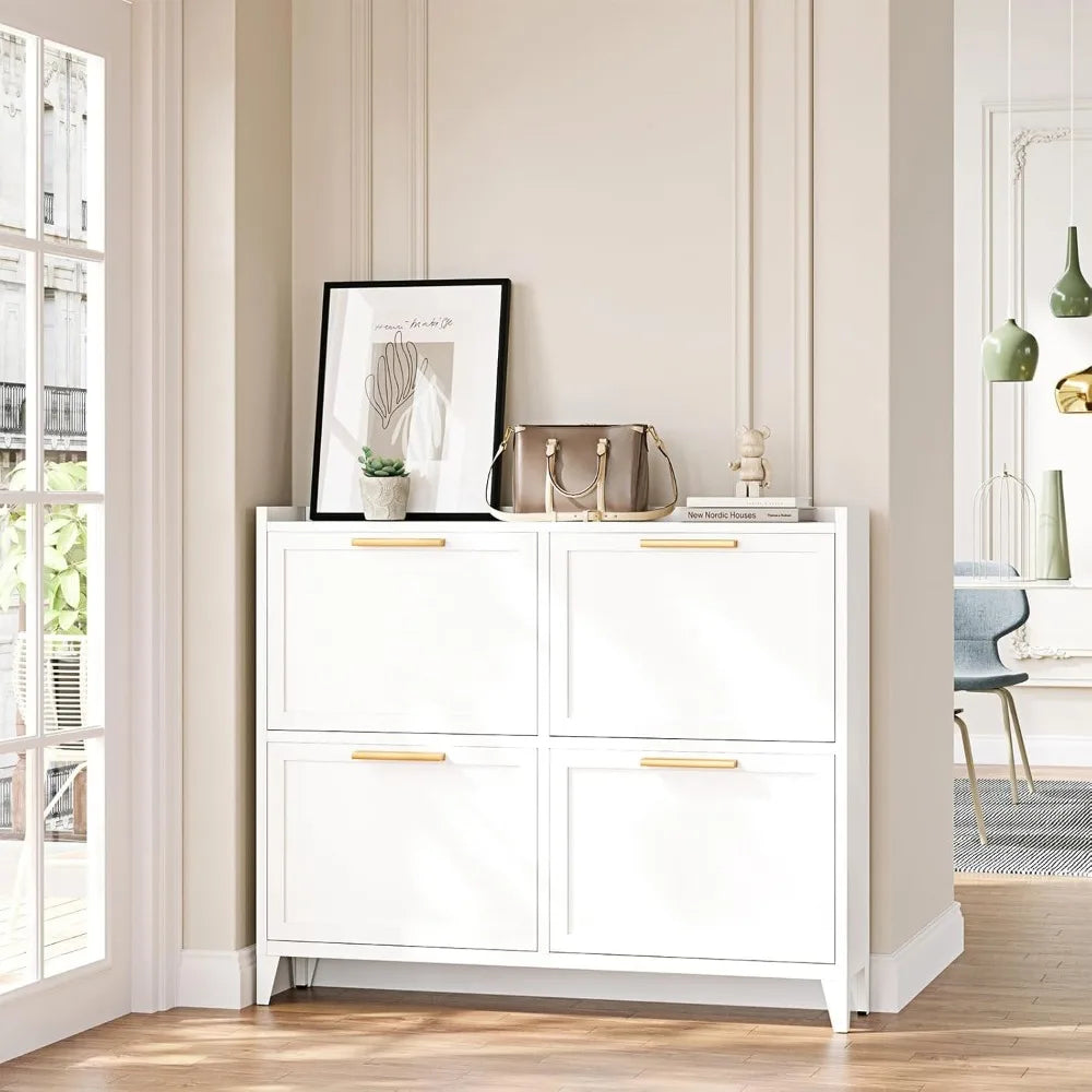 Narrow Shoe Cabinet with 4 Flip Drawers, Metal Slim Shoe Storage Cabinet for Entryway, Freestanding Hidden Shoe Rack Organizer