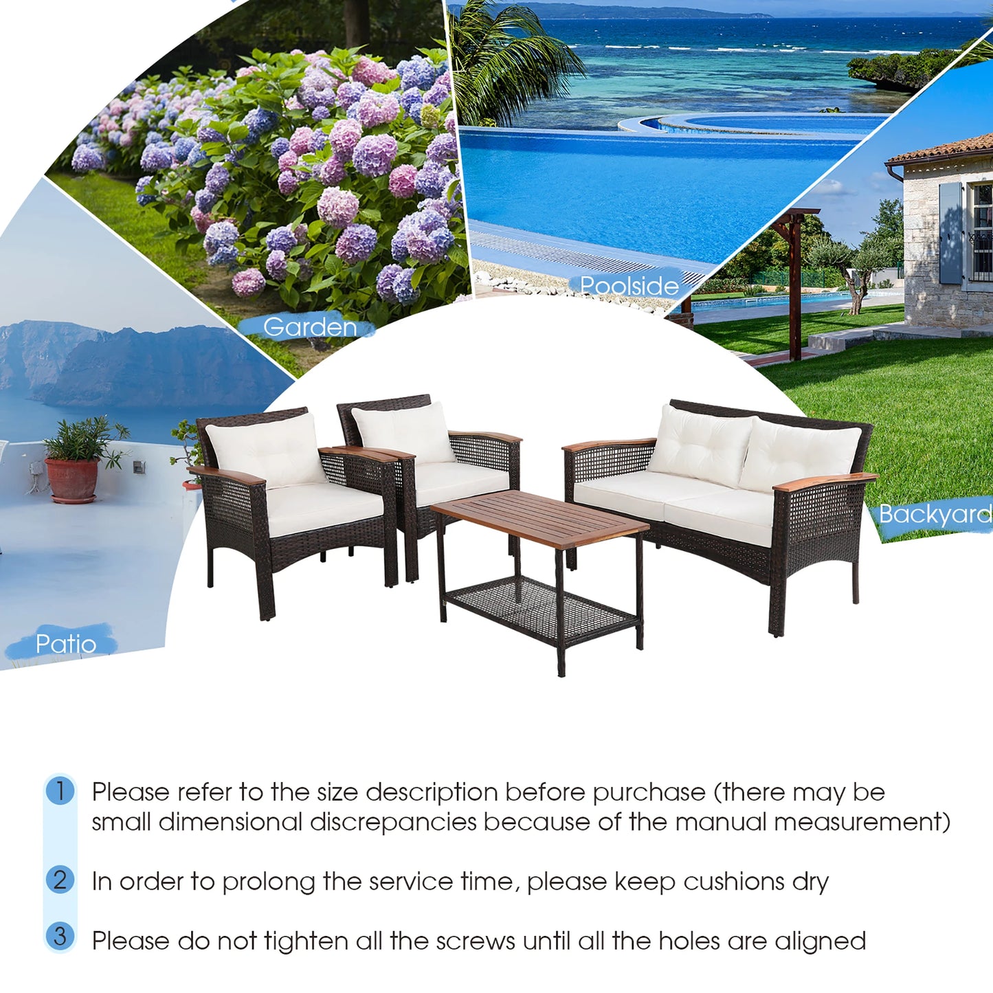 4PCS Patio Rattan Acacia Wood Furniture Set Cushion Sofa Armrest Deck