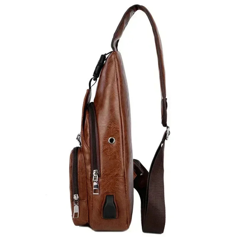 Men's Chest Bags Pack Business Messenger USB Charging Fashion PU Leather Waist Outdoor Casual Sports Brand Single Shoulder Bag