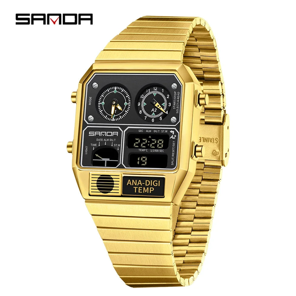 SANDA 3192 Youth Casual Multi-function Thermometer Stopwatch Chronograph Men’s Watch Hot-selling LED Electronic Square Men's