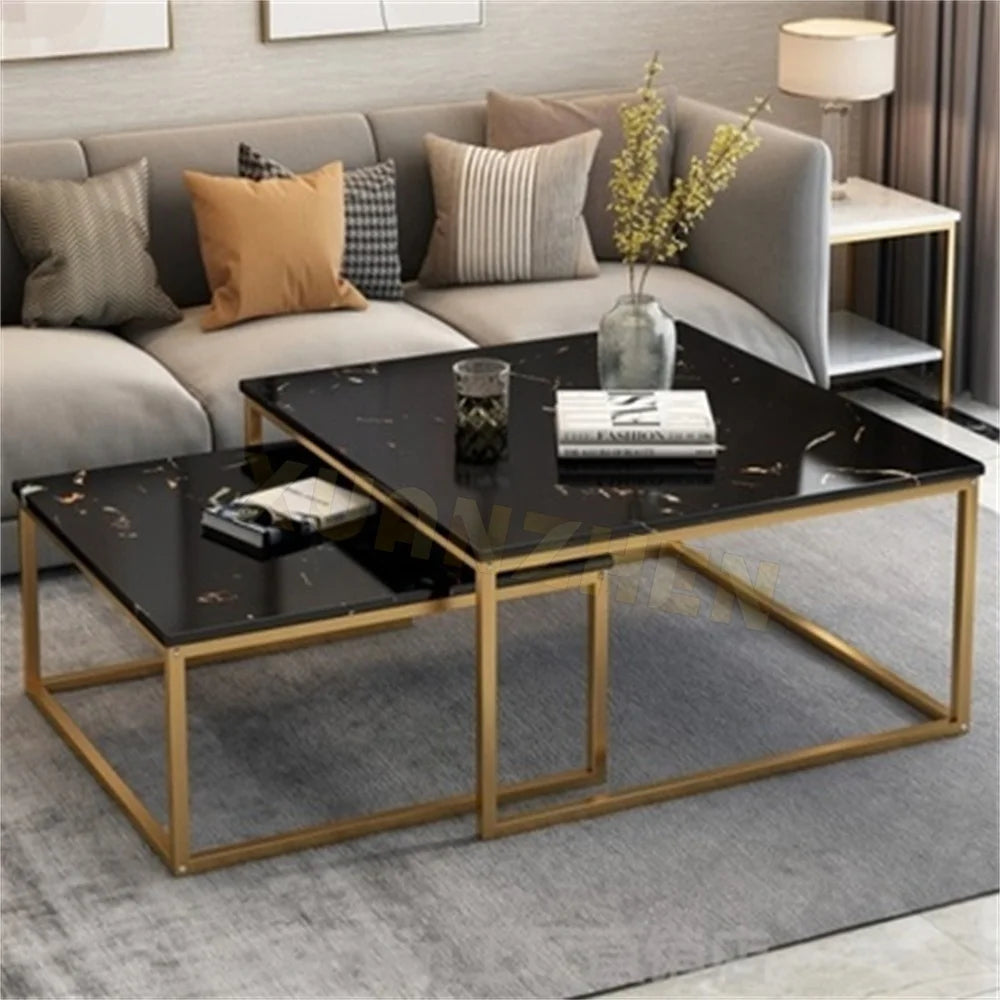 Living room furniture space saving center table 2 pieces silver coffee table set mirror smart square glass coffee table