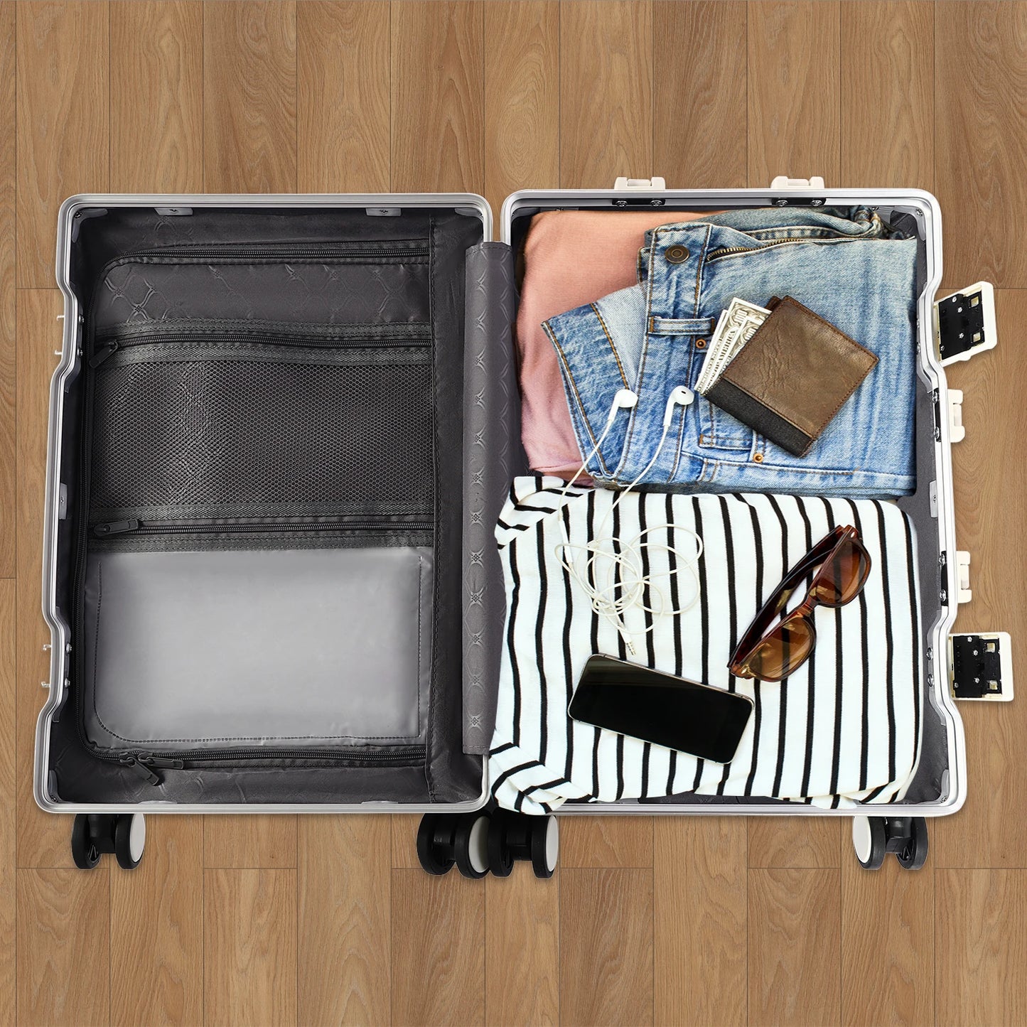20 Inch Carry On Luggage with Front Pocket PC Hardside Spinner Wheel Suitcase with Cup Holder & USB Charging Port White
